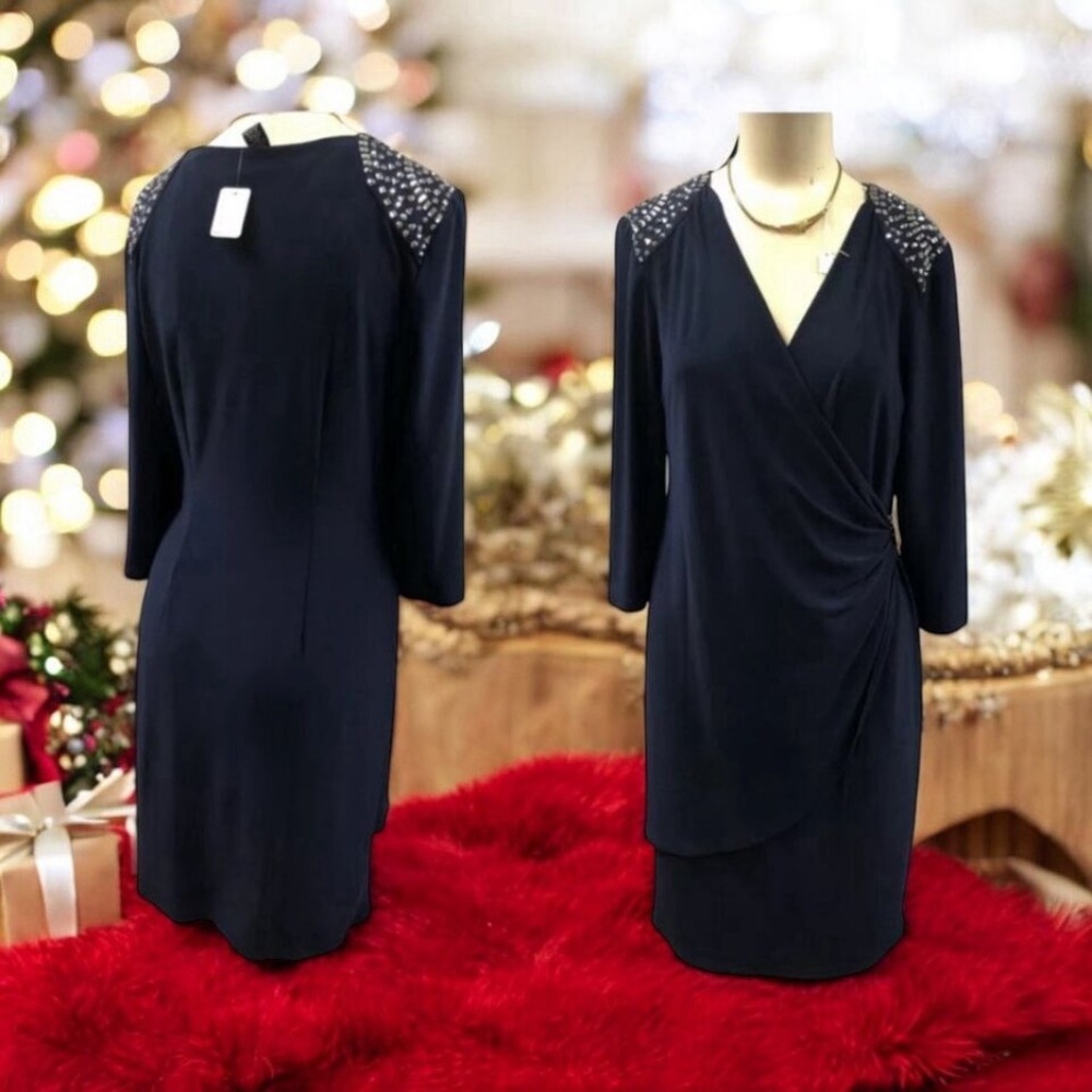 R & M Richards, Women,Coctail Dress,Navi blue,Sz 8,Crystals,Long Sleeve,V Neck.!